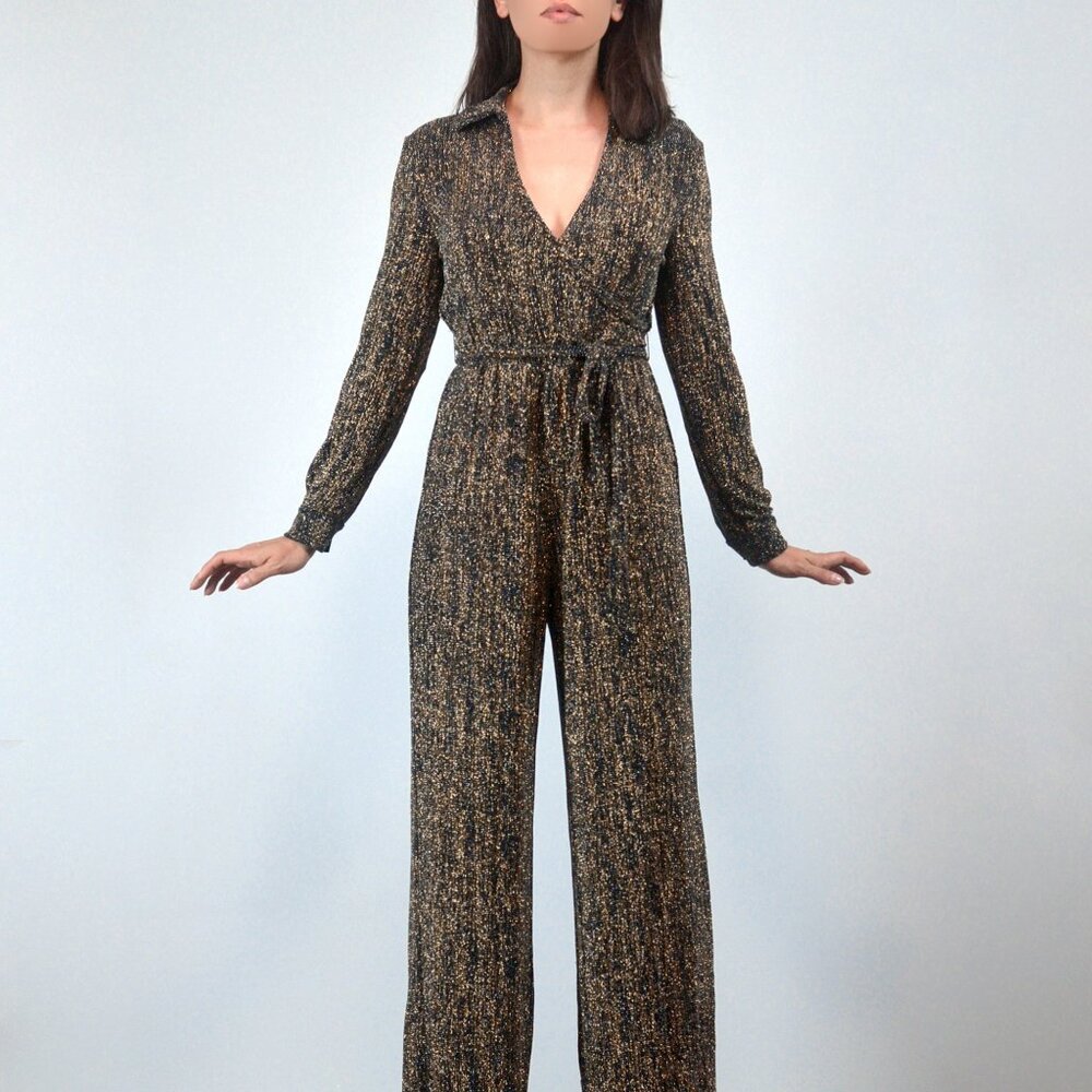 Calvin Klein Glitter Jumpsuit, Black Gold Metallic Sparkly One Piece, sz 4